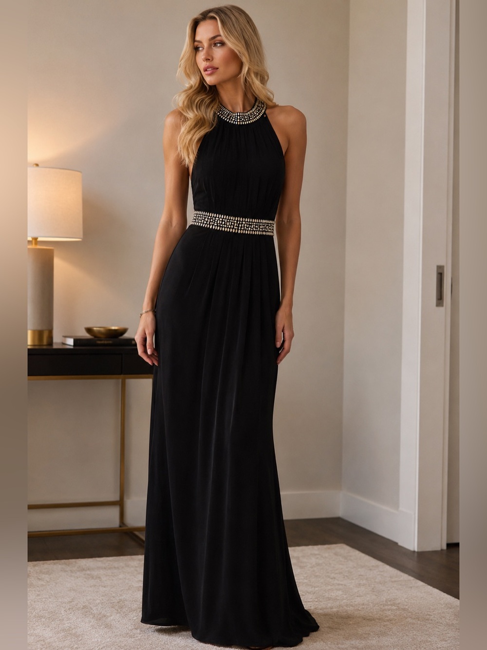 Michael Kors Black Crystal Embellished Halter Maxi Evening Dress Size S